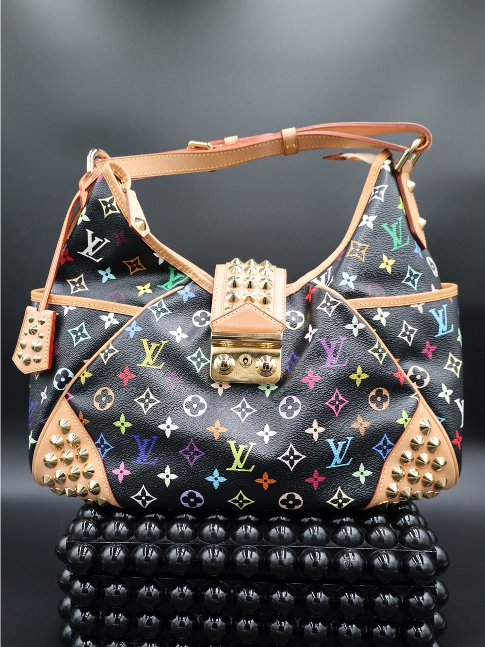 Louis Vuitton Black Multicolor Monogram Canvas Shoulder Bag with Tan Trim